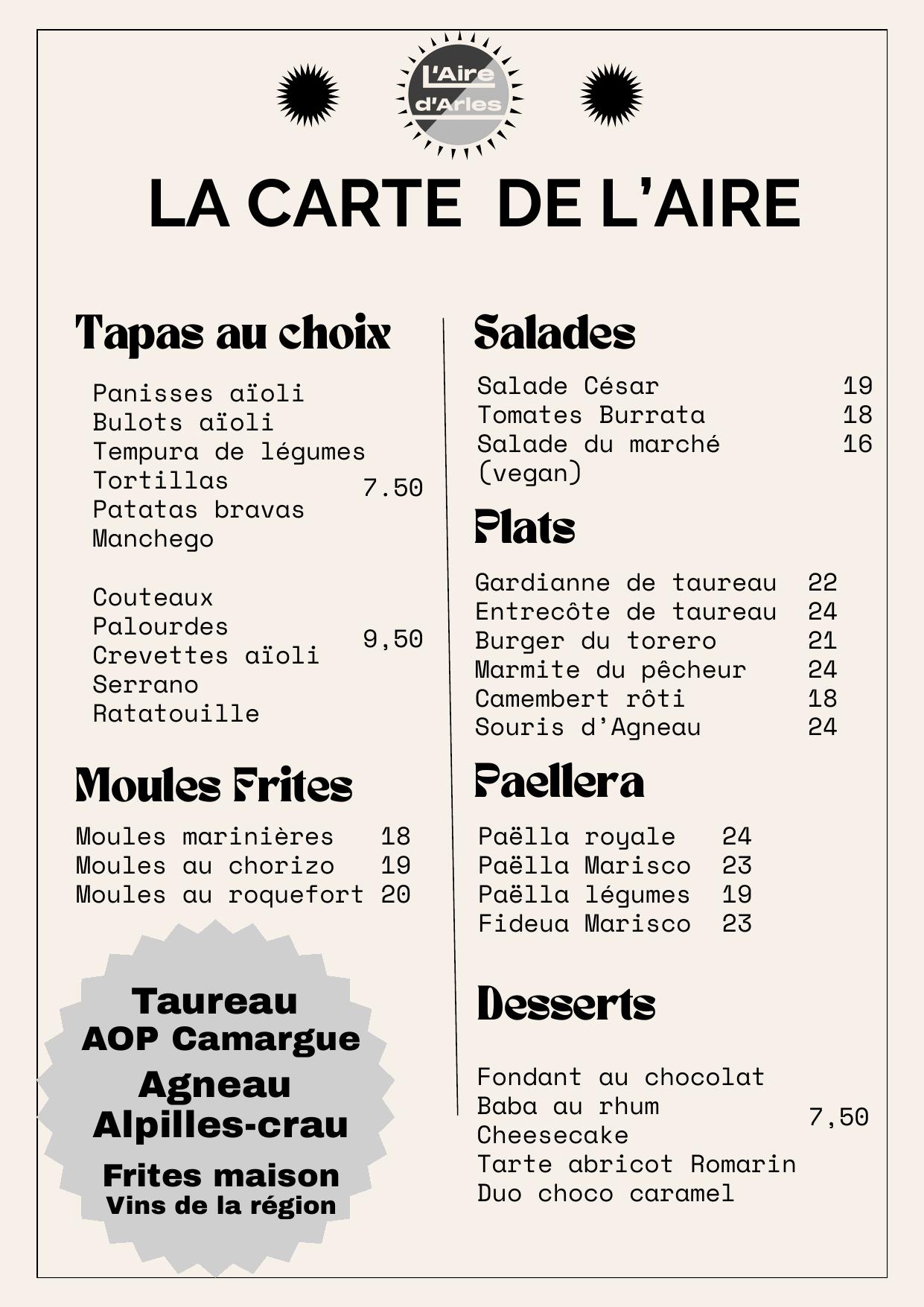 La Carte de L'Aire d'Arles — Été 2026